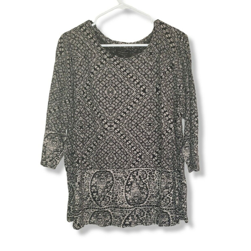 Lucky Brand Womens Plus 2X Paisley Border Print Top Black White Shirt 3/4 sleeve